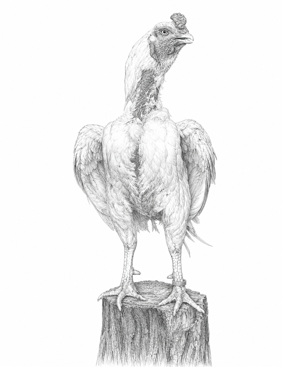 Pencil drawing of a Sindhi Aseel broodcock standing on a tree stump