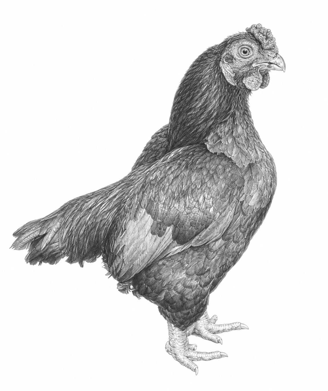 Pencil drawing of a broad, low-set Indian Game bantam cock